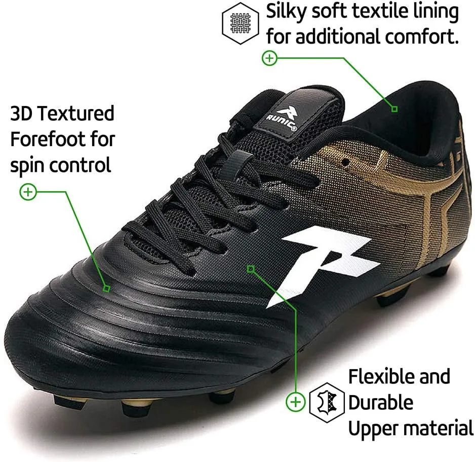 RUNIC Soccer Cleats for Men and Boys – Firm Ground Cleats with Multi-Shaped Studs - Textured Forefoot- Soft Lining -Flexible Upper - Reinforced Stitching - Black/Gold - 6