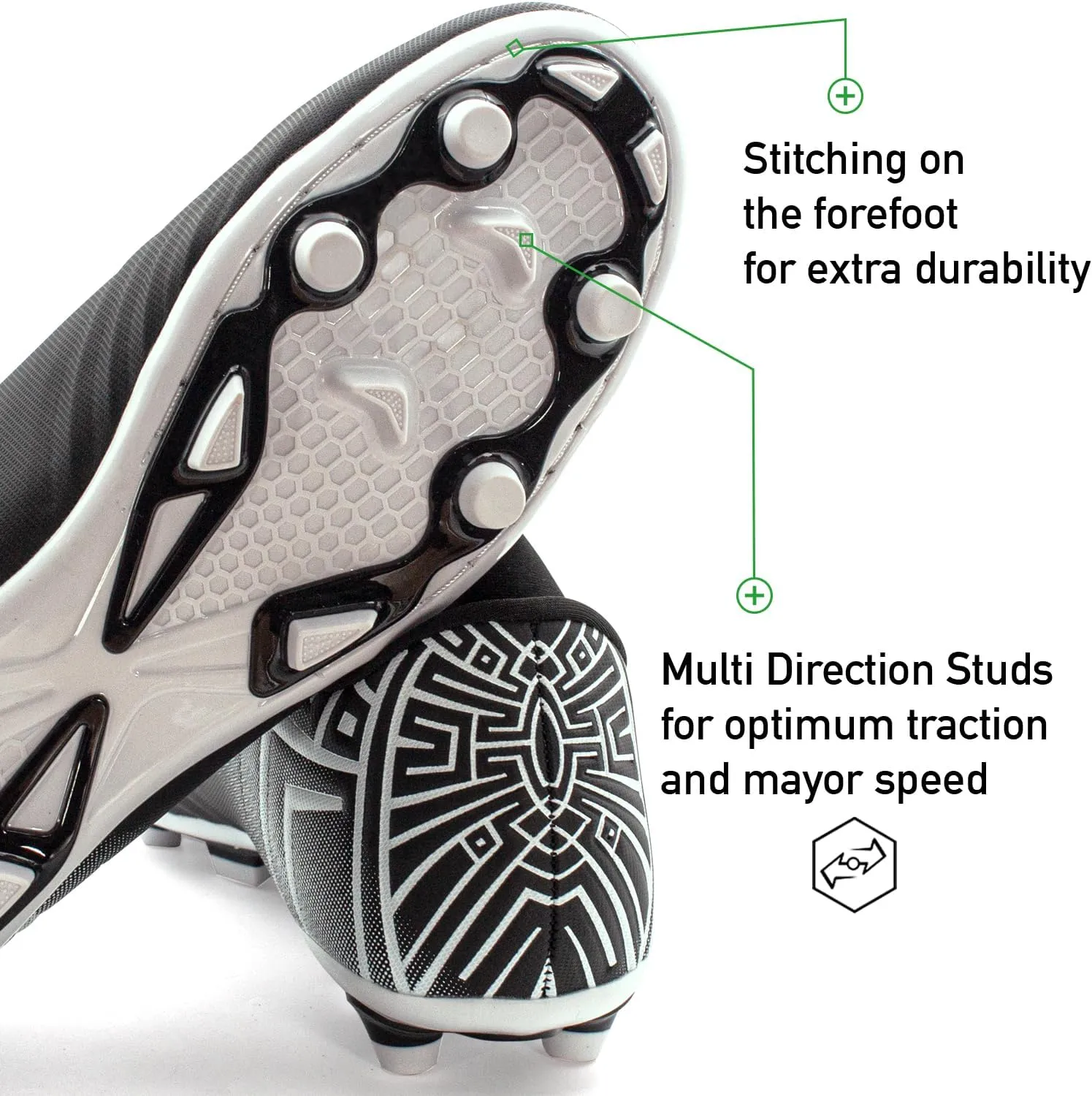 RUNIC Soccer Cleats for Men and Boys – Firm Ground Cleats with Multi-Shaped Studs - Textured Forefoot- Soft Lining -Flexible Upper - Reinforced Stitching - Black/Gold - 6