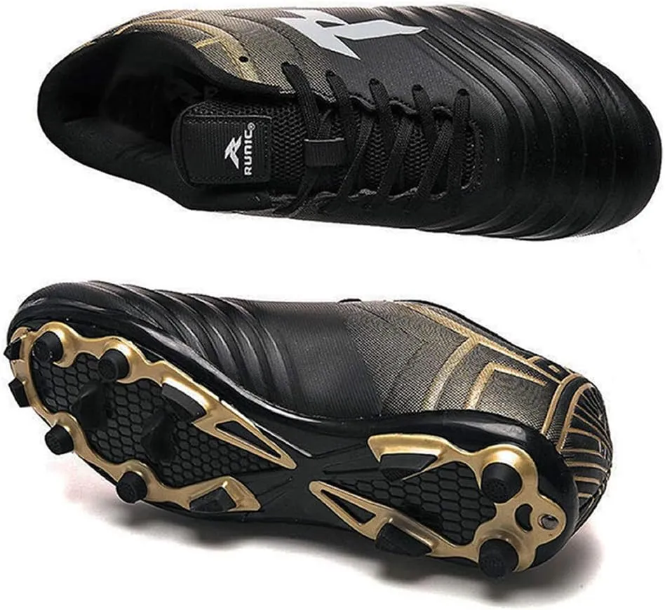 RUNIC Soccer Cleats for Men and Boys – Firm Ground Cleats with Multi-Shaped Studs - Textured Forefoot- Soft Lining -Flexible Upper - Reinforced Stitching - Black/Gold - 6