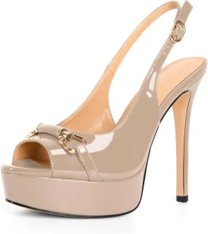 SAMMITOP Women's Peep Toe High Heel Slingback Pumps Platform Stiletto Party Date Sexy Dress Shoes 5 Inch