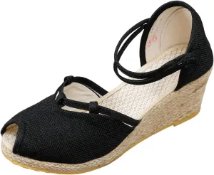 Sandals for Women Dressy Summer Breathable Fish Mouth Canvas Platform Wedge Sandals Ankle Strap Adjustable Non Slip Espadrille Shoes Wide Width Wedge Sandal