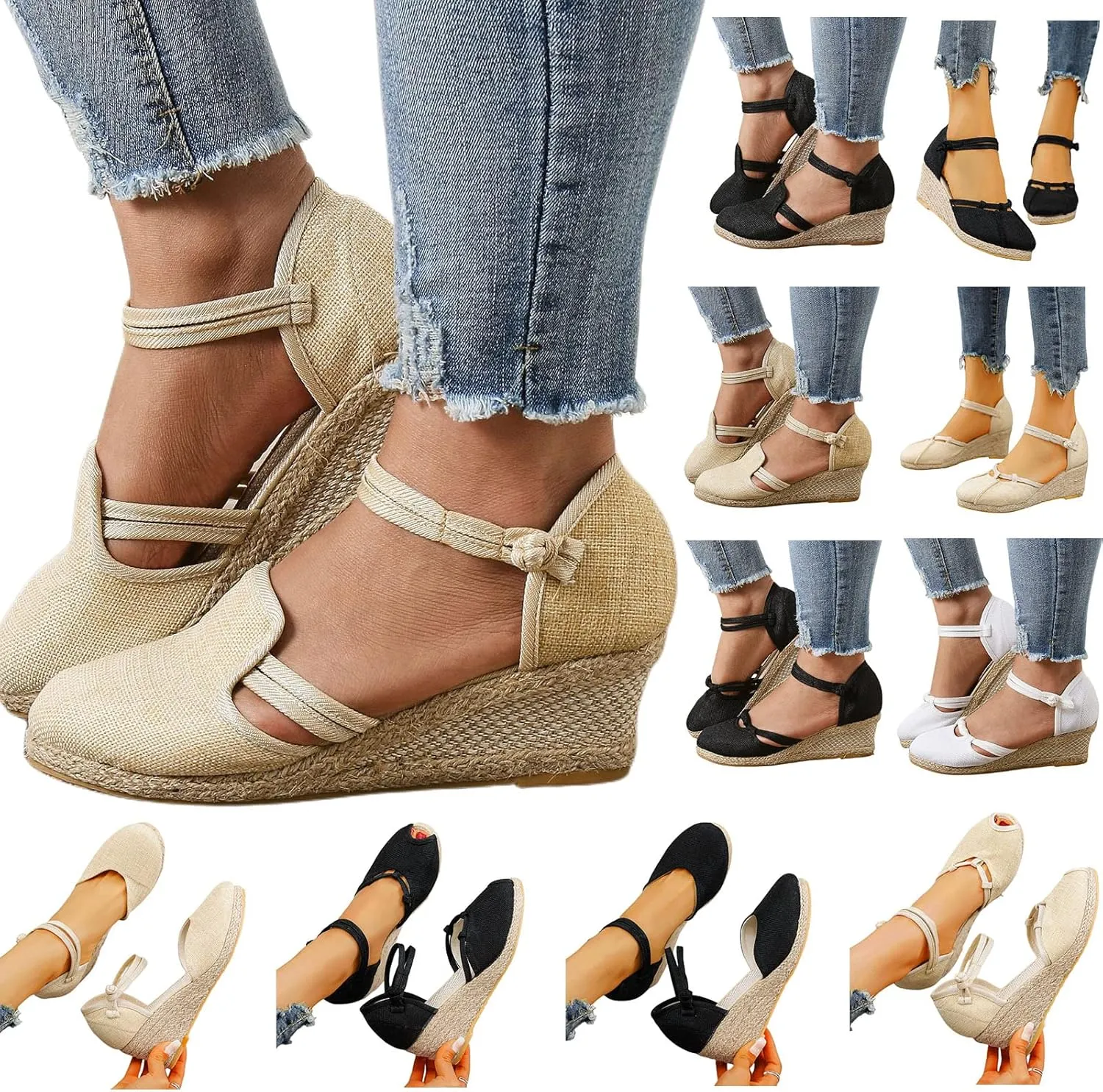 Sandals for Women Dressy Summer Breathable Fish Mouth Canvas Platform Wedge Sandals Ankle Strap Adjustable Non Slip Espadrille Shoes Wide Width Wedge Sandal