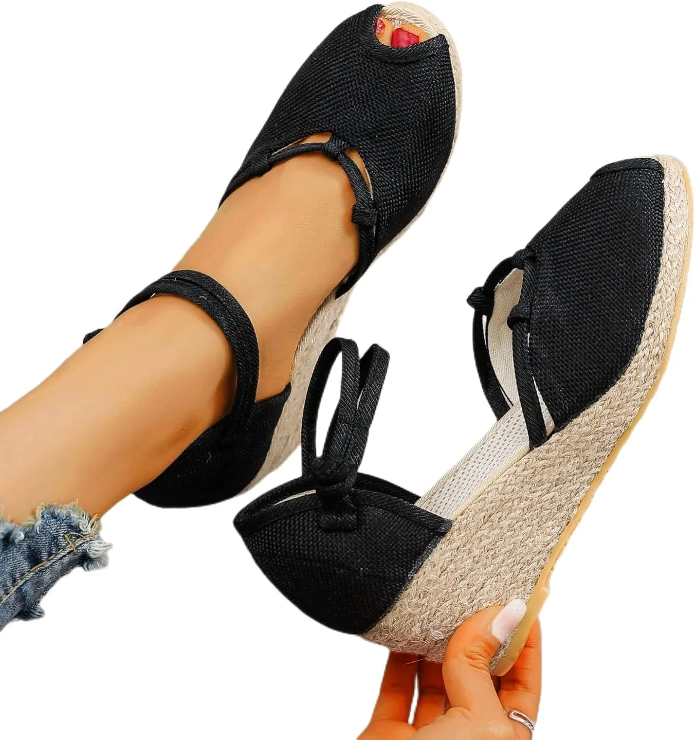 Sandals for Women Dressy Summer Breathable Fish Mouth Canvas Platform Wedge Sandals Ankle Strap Adjustable Non Slip Espadrille Shoes Wide Width Wedge Sandal