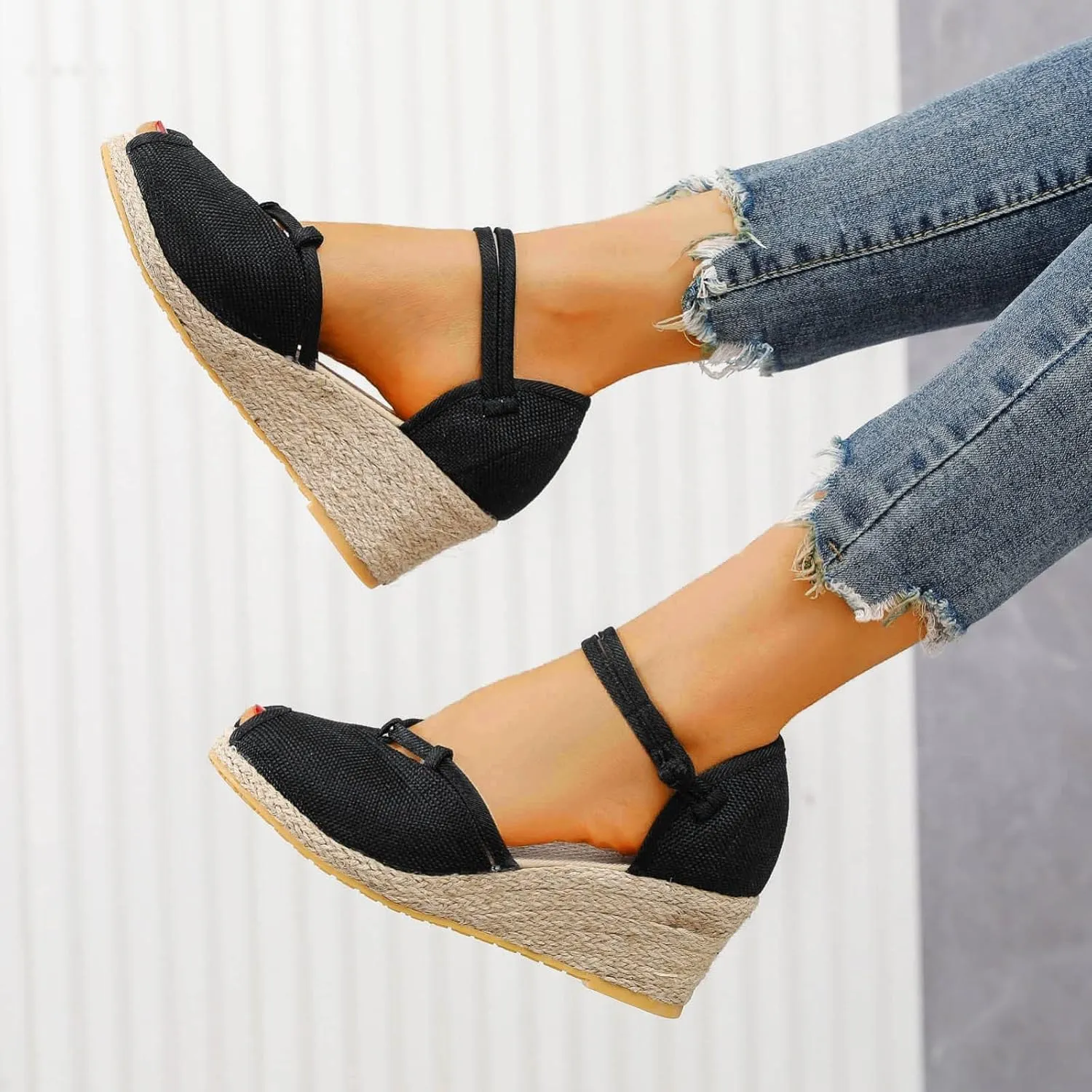 Sandals for Women Dressy Summer Breathable Fish Mouth Canvas Platform Wedge Sandals Ankle Strap Adjustable Non Slip Espadrille Shoes Wide Width Wedge Sandal