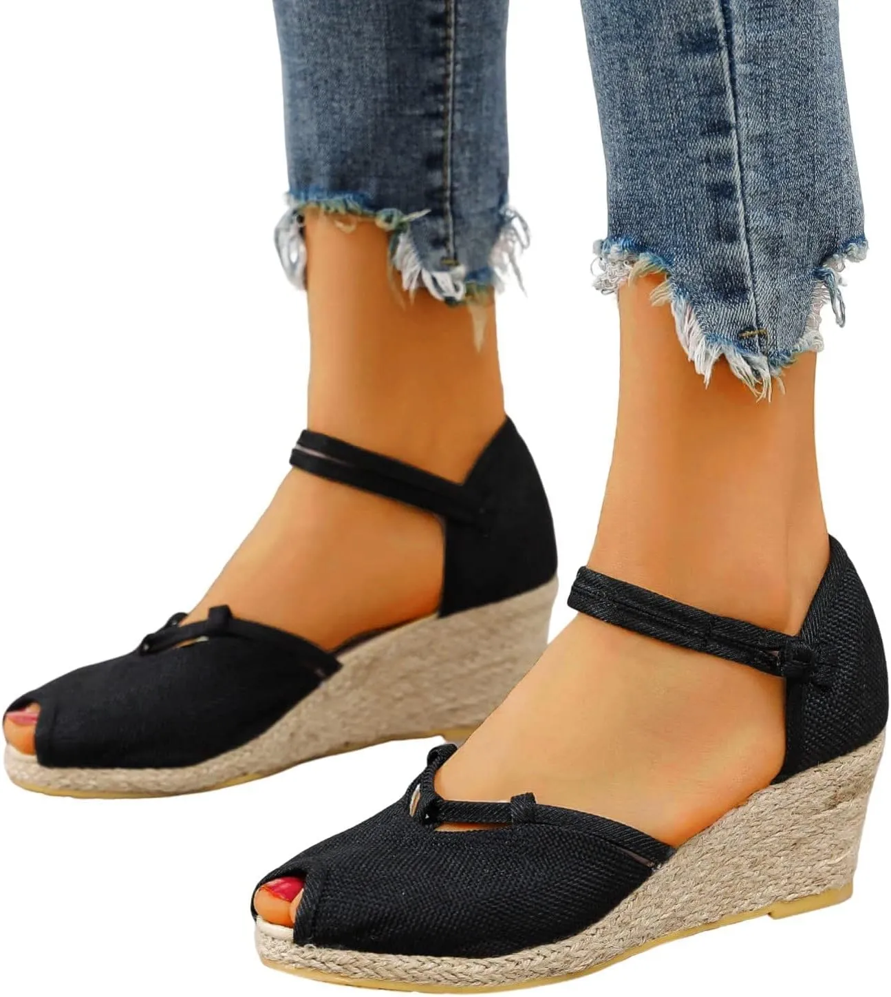 Sandals for Women Dressy Summer Breathable Fish Mouth Canvas Platform Wedge Sandals Ankle Strap Adjustable Non Slip Espadrille Shoes Wide Width Wedge Sandal