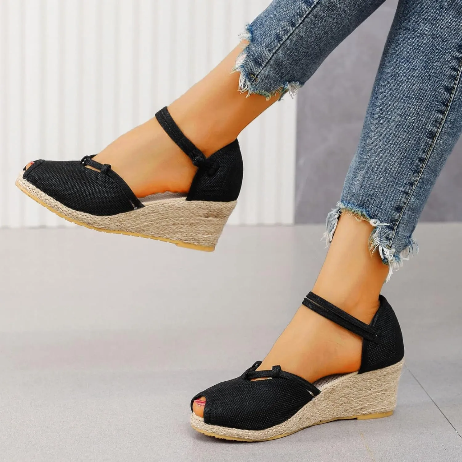 Sandals for Women Dressy Summer Breathable Fish Mouth Canvas Platform Wedge Sandals Ankle Strap Adjustable Non Slip Espadrille Shoes Wide Width Wedge Sandal