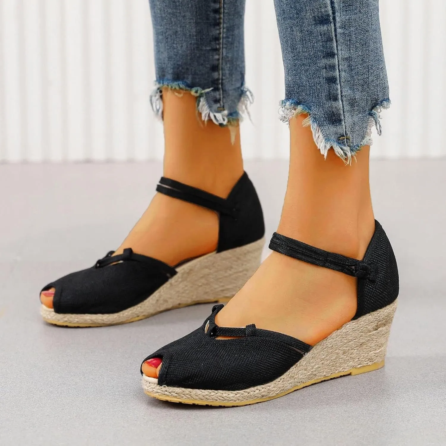 Sandals for Women Dressy Summer Breathable Fish Mouth Canvas Platform Wedge Sandals Ankle Strap Adjustable Non Slip Espadrille Shoes Wide Width Wedge Sandal