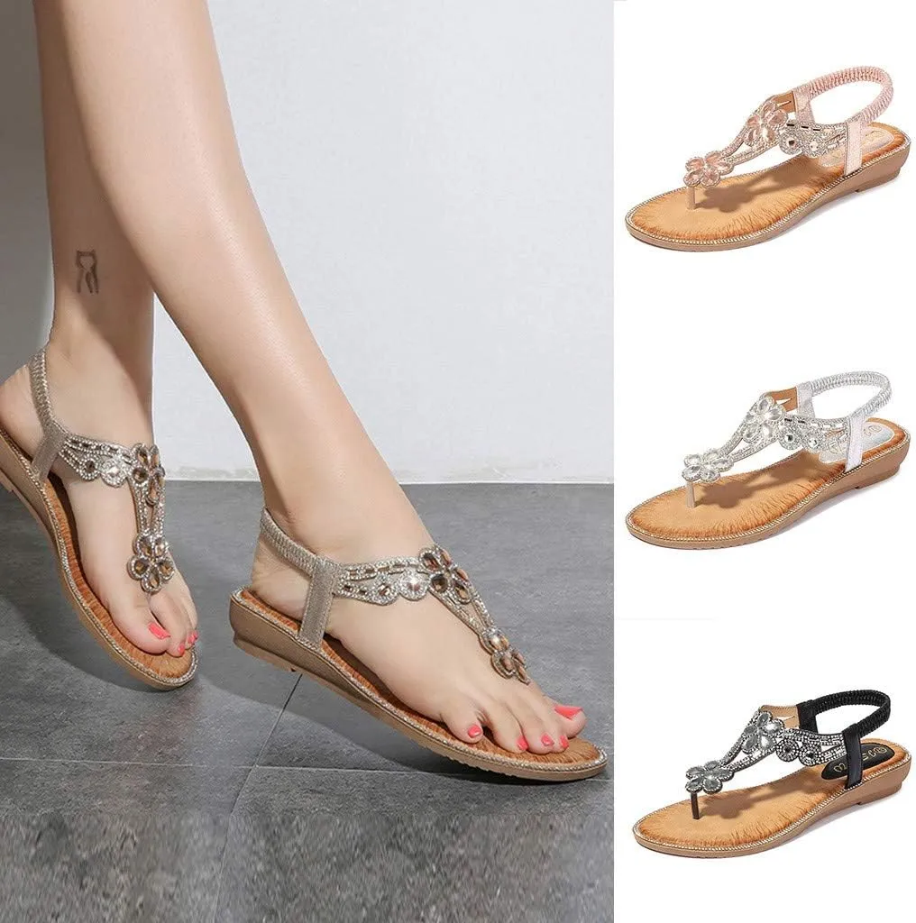 Sandals Women Bohemian Beaded Sandals Elastic Ankle Strap Sandals Outdoor T-Strap Sandal Dress Summer Beach Shoes