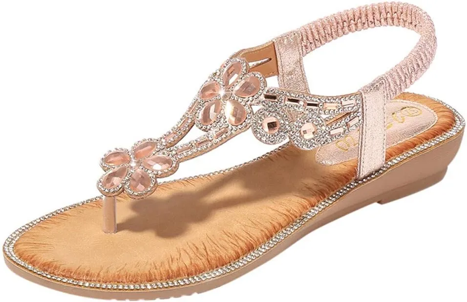 Sandals Women Bohemian Beaded Sandals Elastic Ankle Strap Sandals Outdoor T-Strap Sandal Dress Summer Beach Shoes