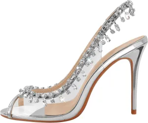 sexytag Women's Crystal Clear Heels Jewel Embellished Peep Toe Stiletto Slingback High Heels Sandals