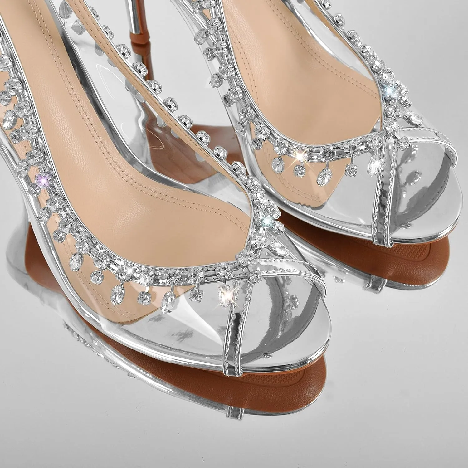 sexytag Women's Crystal Clear Heels Jewel Embellished Peep Toe Stiletto Slingback High Heels Sandals