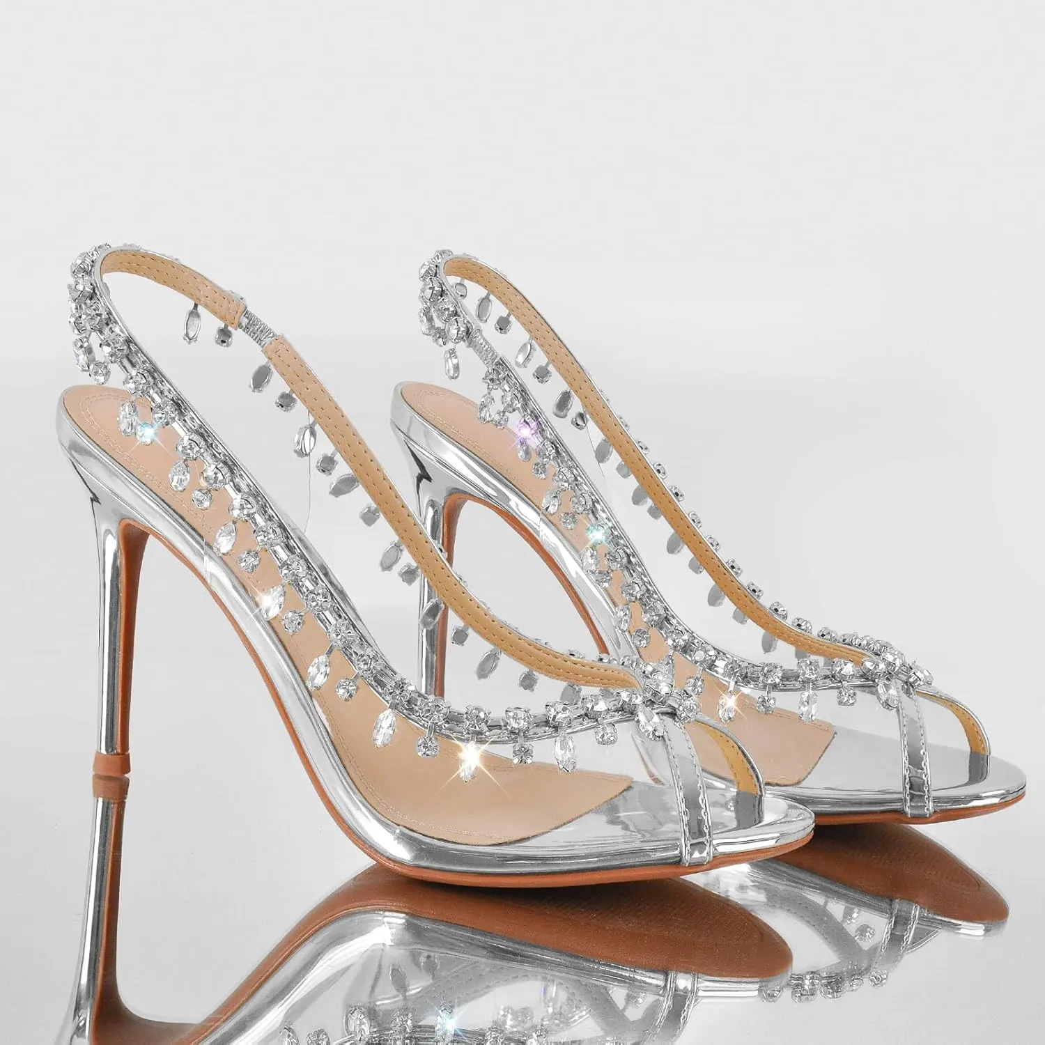 sexytag Women's Crystal Clear Heels Jewel Embellished Peep Toe Stiletto Slingback High Heels Sandals