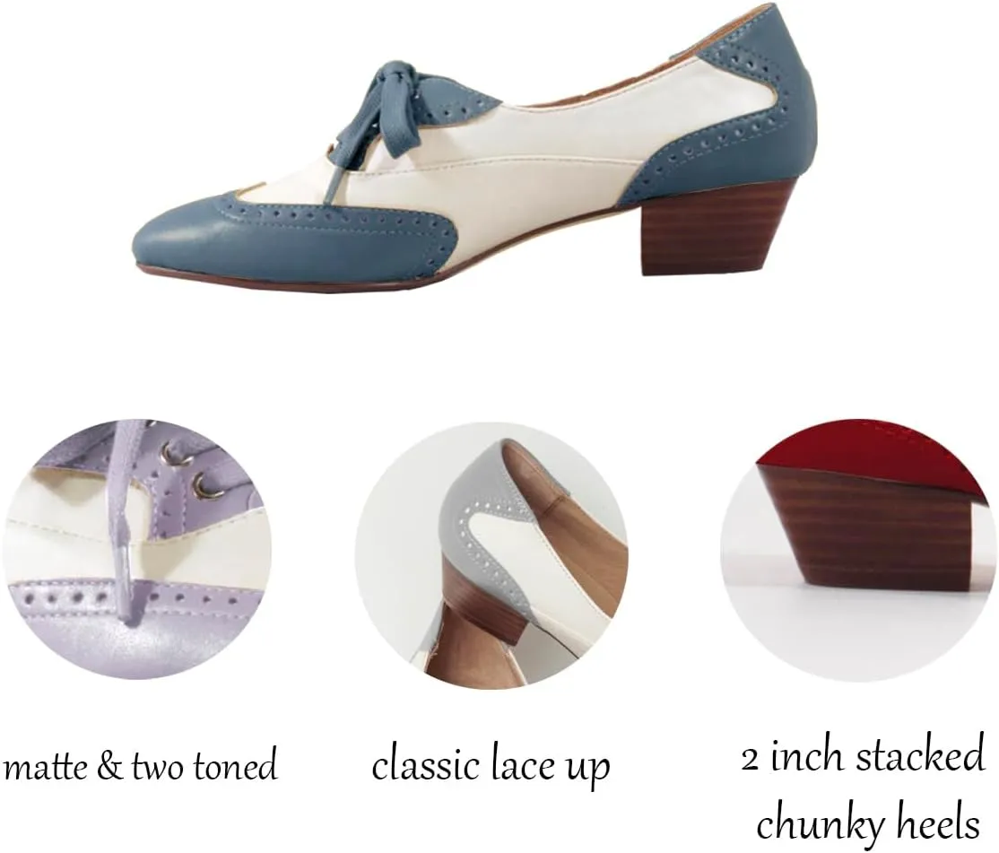 SHODENSE Women Chunky Heel Oxford Loafers Round Toe Lace Up Oxford Pumps Wingtips 2 inch Stacked Block Heel Dress Oxford Shoes Two Tone Retro British Oxford Heels Matte Office Casual 4-11 M US