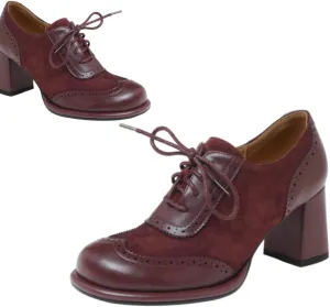 SHODENSE Women Chunky Heel Oxford Loafers Round Toe Lace Up Oxford Pumps Wingtips 3 inch Chunky Block Heel Dress Shoes Vintage Retro British Oxford Heels Matte Suede Office Casual 4-11 M US