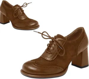 SHODENSE Women Chunky Heel Oxford Loafers Round Toe Lace Up Oxford Pumps Wingtips 3 inch Chunky Block Heel Dress Shoes Vintage Retro British Oxford Heels Matte Suede Office Casual 4-11 M US