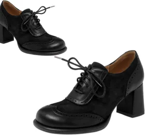 SHODENSE Women Chunky Heel Oxford Loafers Round Toe Lace Up Oxford Pumps Wingtips 3 inch Chunky Block Heel Dress Shoes Vintage Retro British Oxford Heels Matte Suede Office Casual 4-11 M US