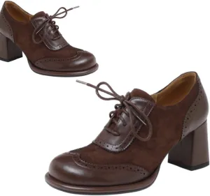 SHODENSE Women Chunky Heel Oxford Loafers Round Toe Lace Up Oxford Pumps Wingtips 3 inch Chunky Block Heel Dress Shoes Vintage Retro British Oxford Heels Matte Suede Office Casual 4-11 M US