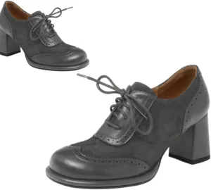 SHODENSE Women Chunky Heel Oxford Loafers Round Toe Lace Up Oxford Pumps Wingtips 3 inch Chunky Block Heel Dress Shoes Vintage Retro British Oxford Heels Matte Suede Office Casual 4-11 M US