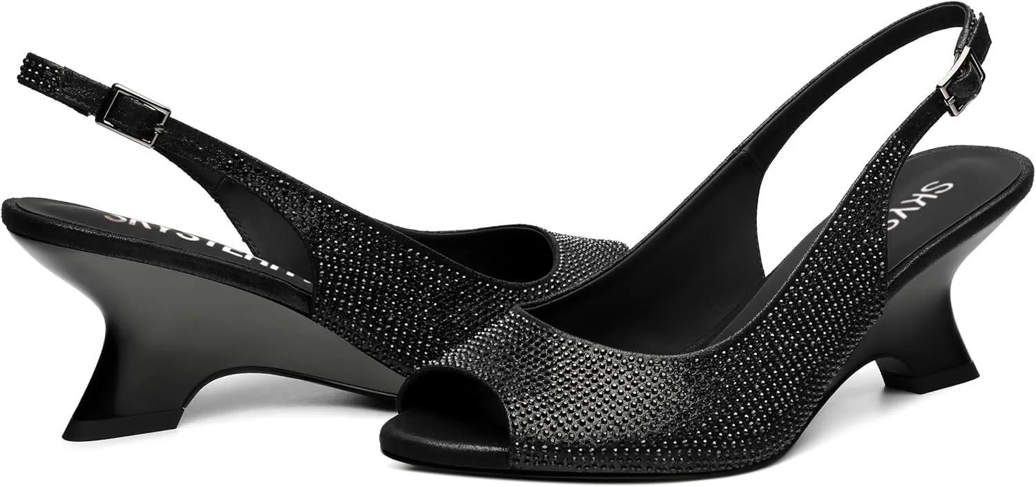 SKYSTERRY Women's Peep Toe Slingback Kitten Wedge Heel Sandals Low Heel Comfortable Sexy Dress Pumps Shoes for Wedding Party Evening 2.4 Inch