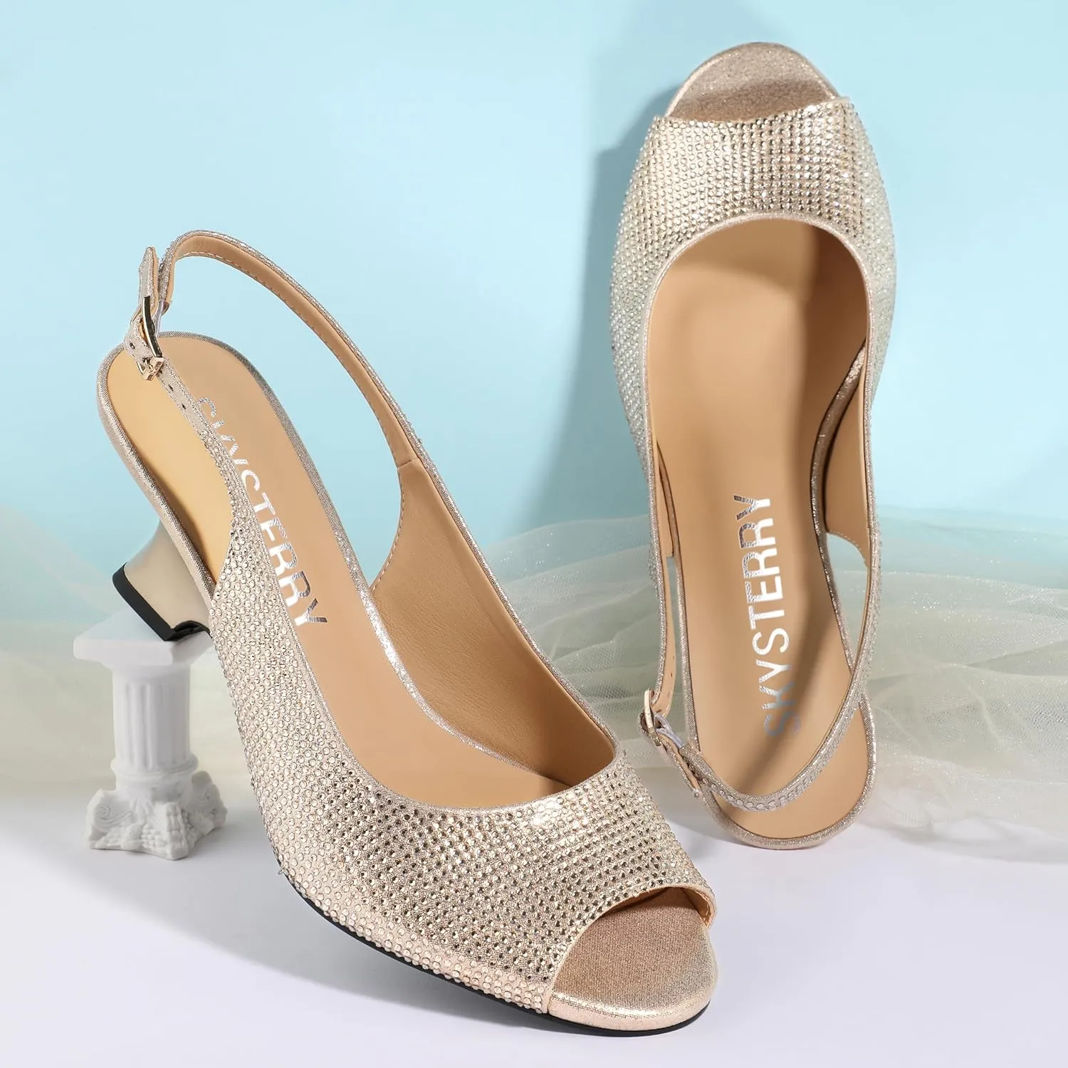 SKYSTERRY Women's Peep Toe Slingback Kitten Wedge Heel Sandals Low Heel Comfortable Sexy Dress Pumps Shoes for Wedding Party Evening 2.4 Inch