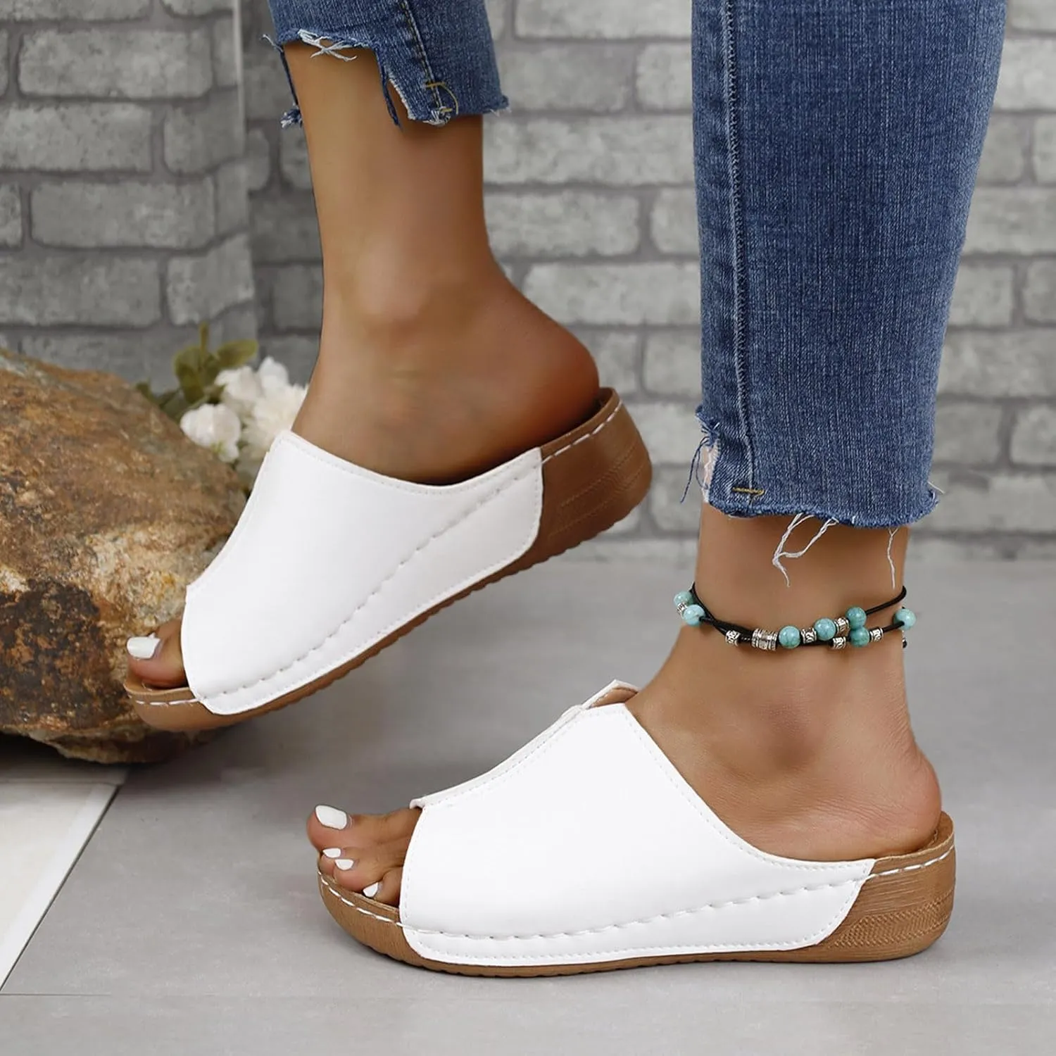 Slippers for Women Summer Orthopedic Platform Sandals Arch Support Sandals Wide Width Leather Wedge Slippers
