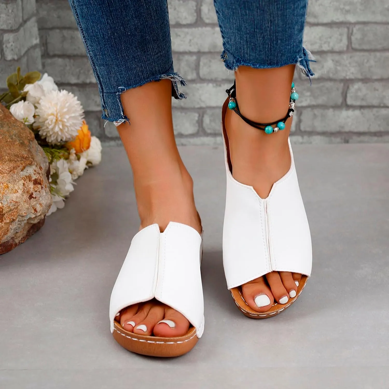 Slippers for Women Summer Orthopedic Platform Sandals Arch Support Sandals Wide Width Leather Wedge Slippers
