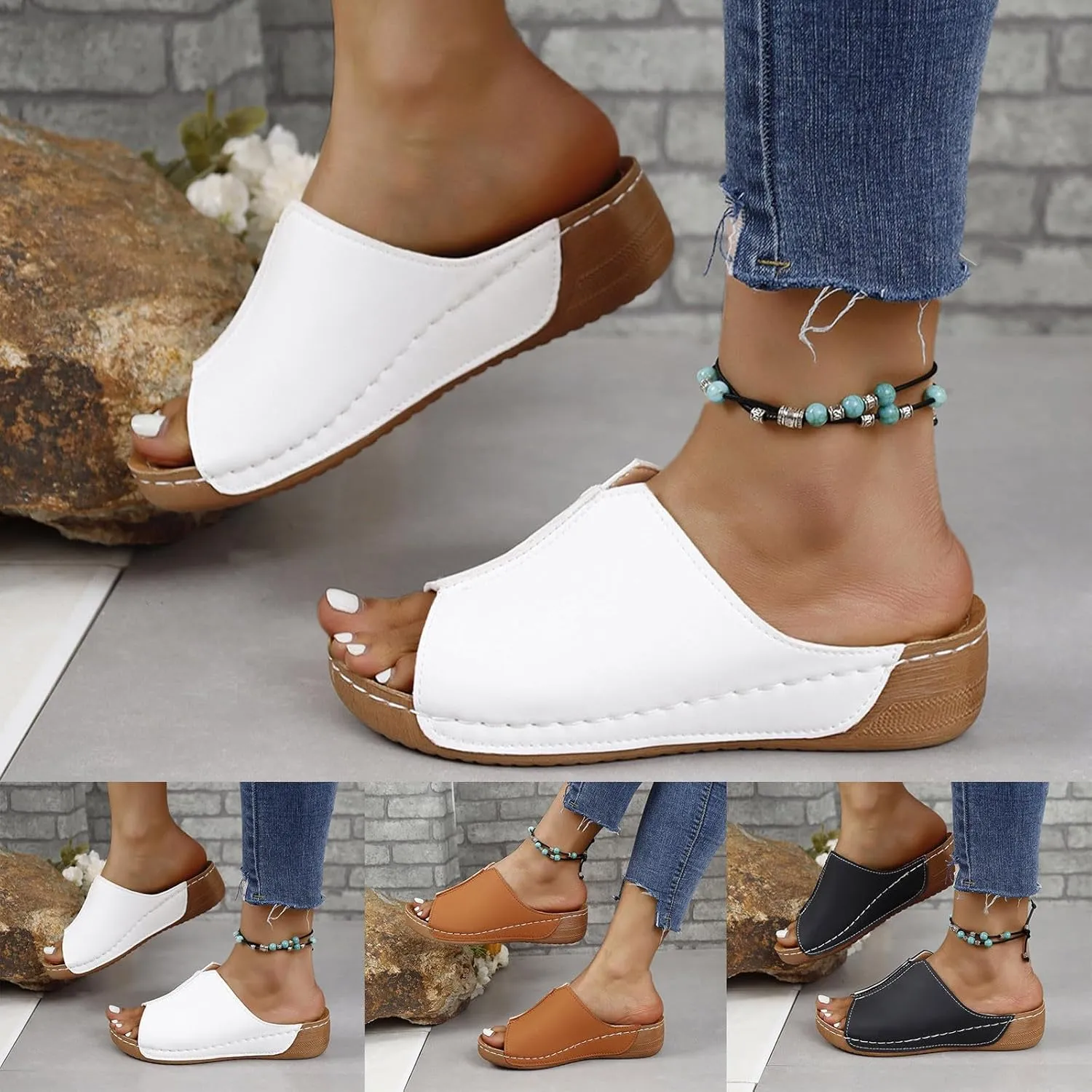 Slippers for Women Summer Orthopedic Platform Sandals Arch Support Sandals Wide Width Leather Wedge Slippers