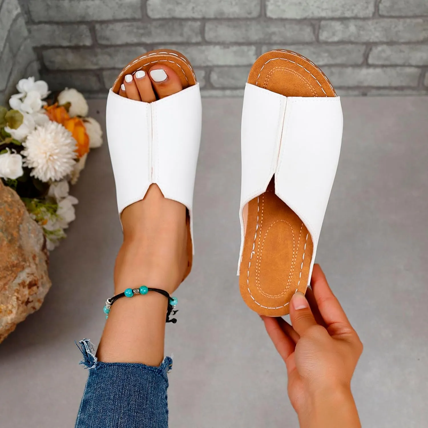 Slippers for Women Summer Orthopedic Platform Sandals Arch Support Sandals Wide Width Leather Wedge Slippers