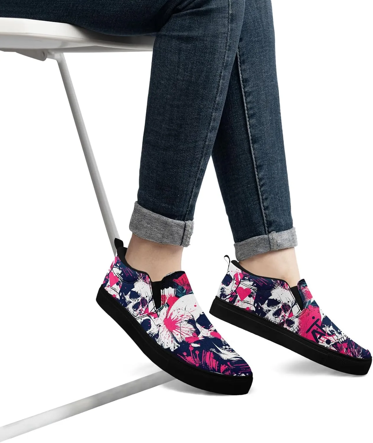 Stylish Skull Flower Slip-On Canvas Shoes for Men Women Unisex Trendy Comfortable Flat Sneaker Lightweight Footwear