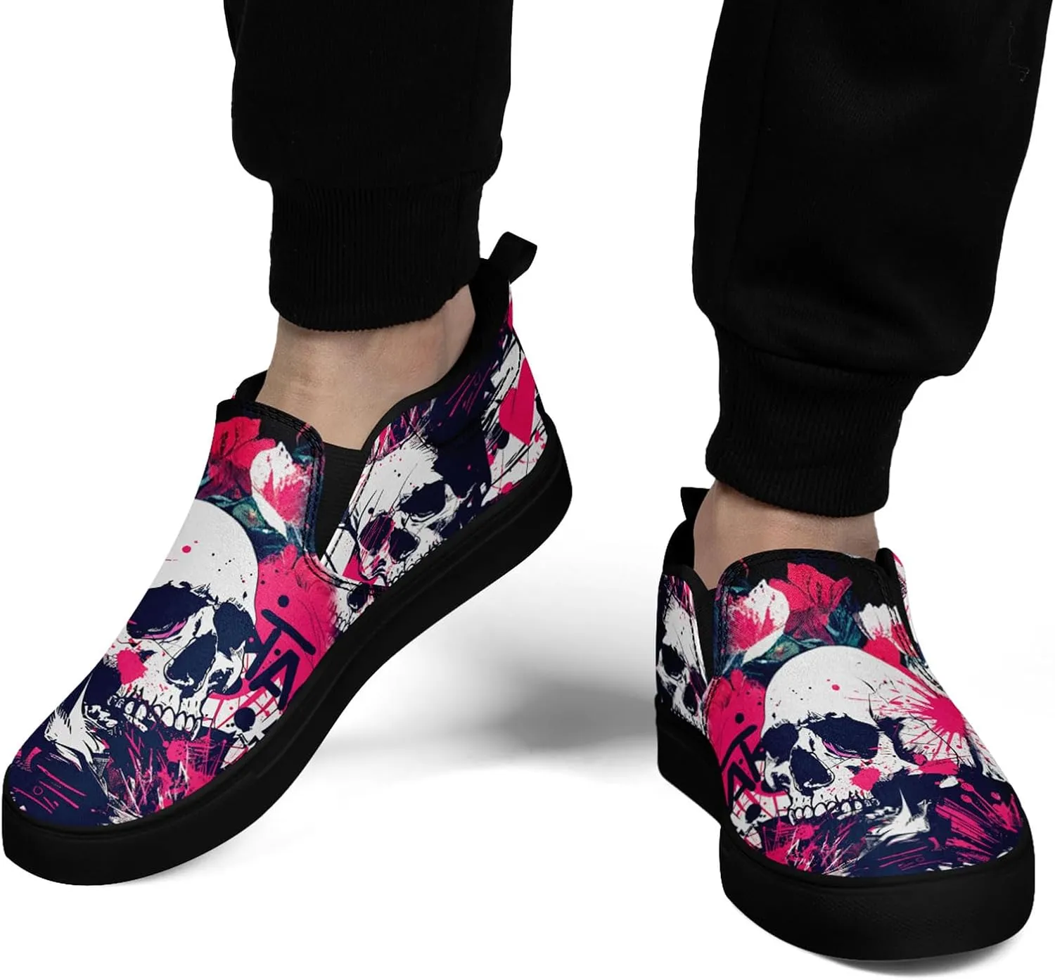 Stylish Skull Flower Slip-On Canvas Shoes for Men Women Unisex Trendy Comfortable Flat Sneaker Lightweight Footwear
