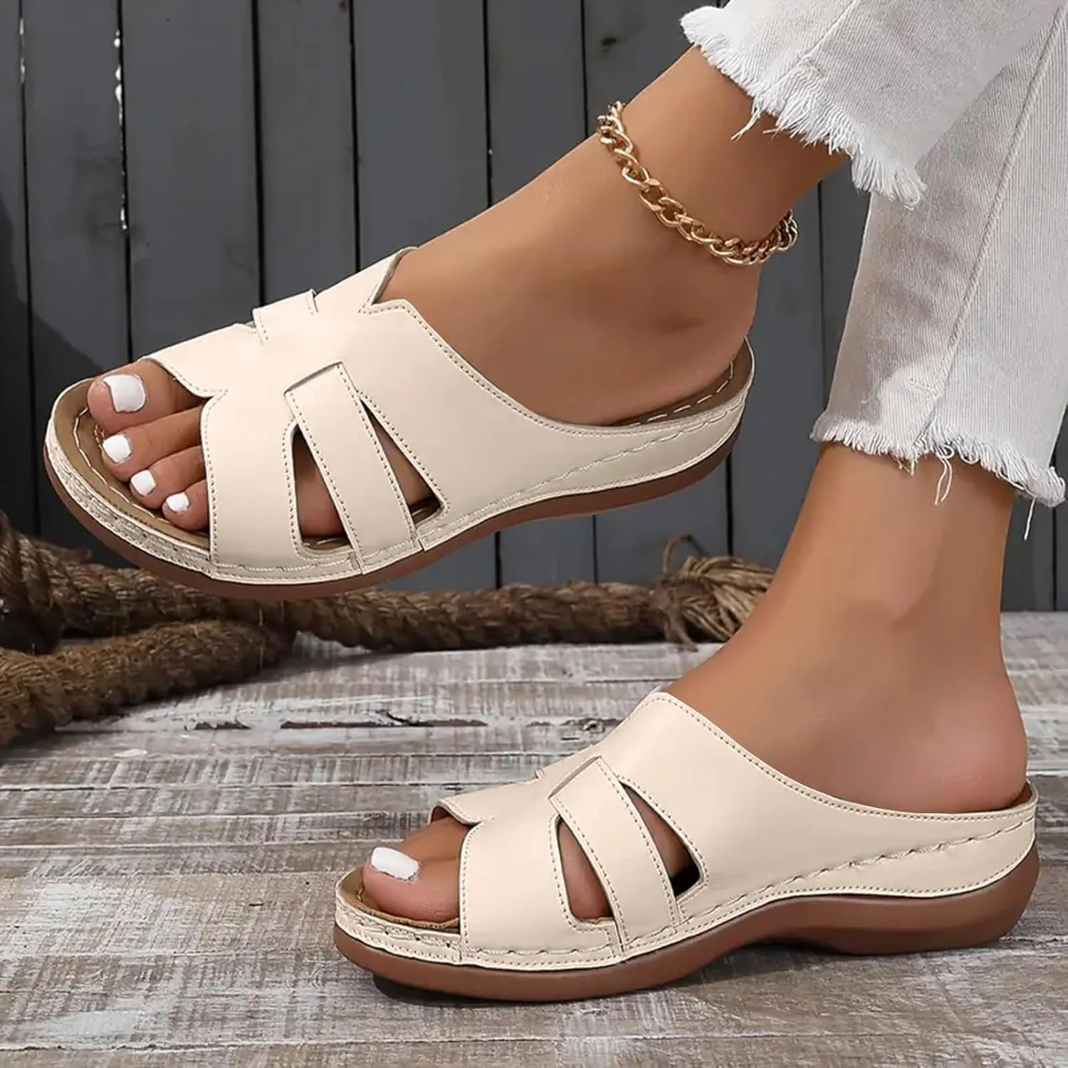 Summer Leather Platform Sandals for Women Comfortable Arch Support Soft Cushion Beach Wedges Sandals Leather Casual Dress Open Toes Non Slip Shoes