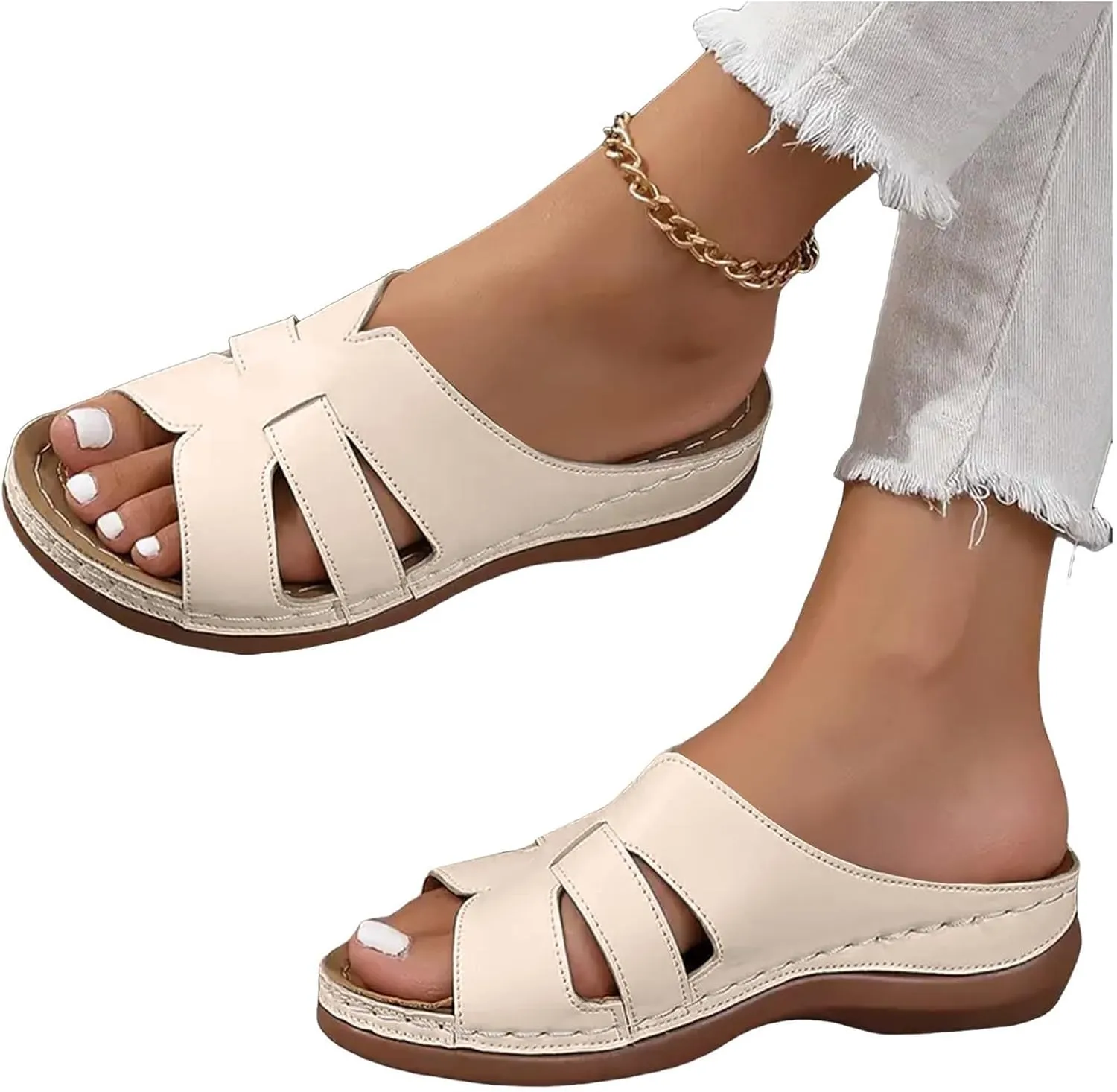Summer Leather Platform Sandals for Women Comfortable Arch Support Soft Cushion Beach Wedges Sandals Leather Casual Dress Open Toes Non Slip Shoes