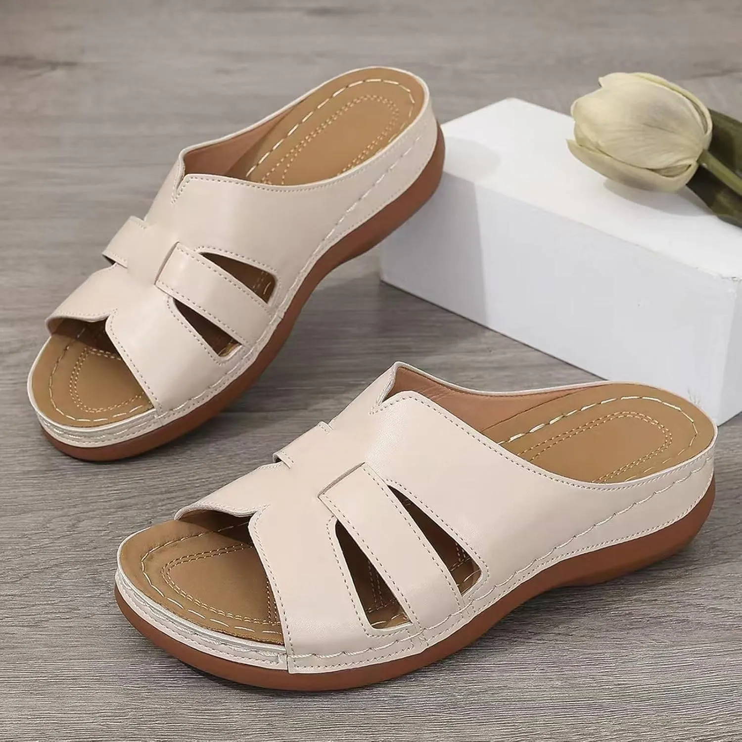 Summer Leather Platform Sandals for Women Comfortable Arch Support Soft Cushion Beach Wedges Sandals Leather Casual Dress Open Toes Non Slip Shoes