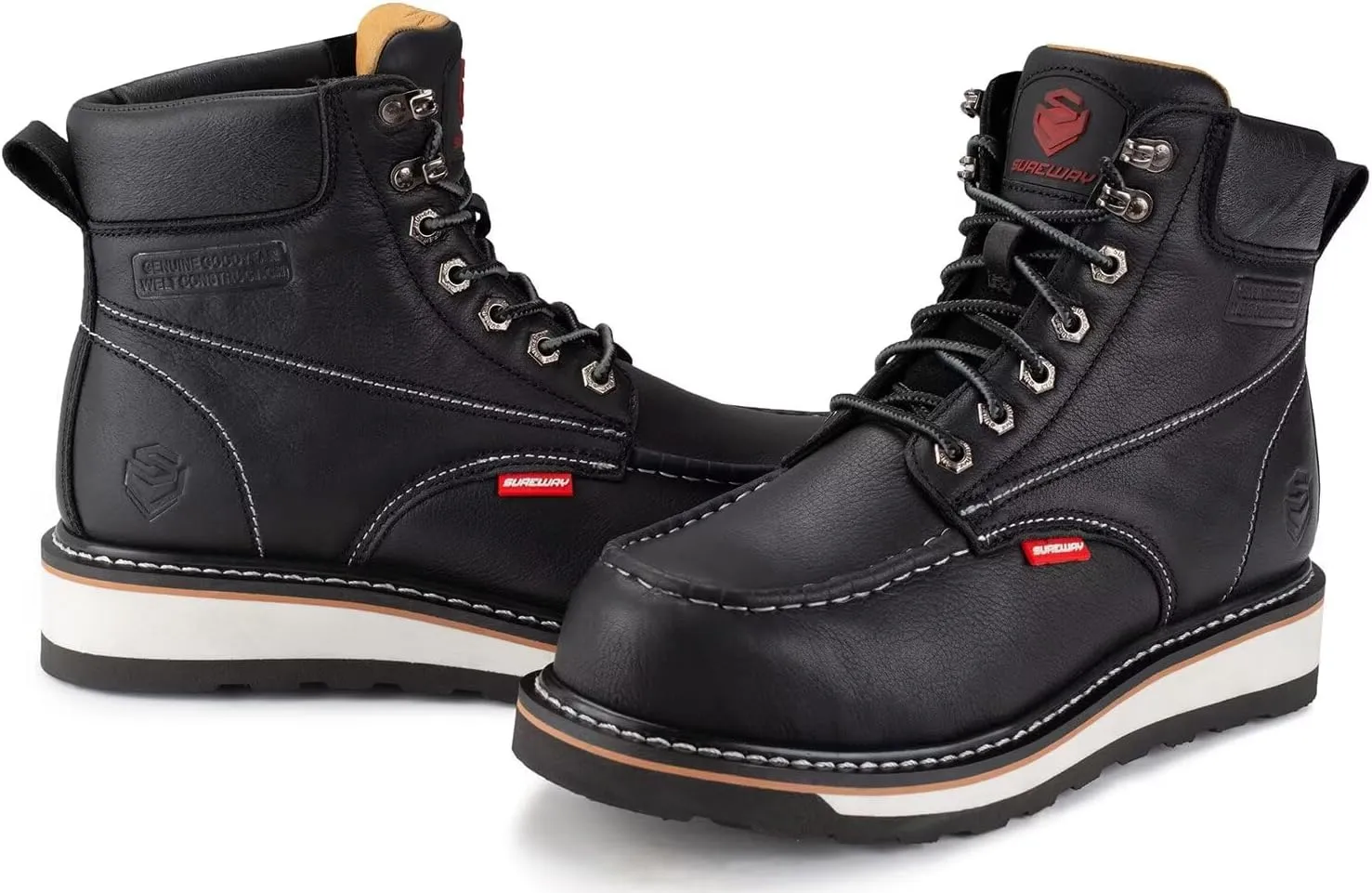 SUREWAY 6 Mens Heavy Duty Steel/Composite/Soft Toe Work Boots for Men,Comfortable & Durable,Goodyear Welt,Full Grain Leather,Oil/Slip Resistant,Wedge Moc Toe Industrial Construction Boots/Shoes