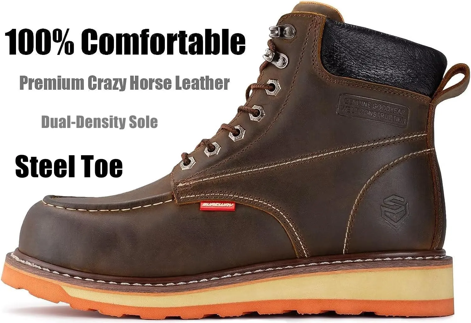 SUREWAY Mens Heavy Duty Soft/Composite/Steel Toe Work Boots for Men-Comfortable,Goodyear Welt,Full Grain Leather,6 in Wedge Moc Toe Construction Boots/Shoes