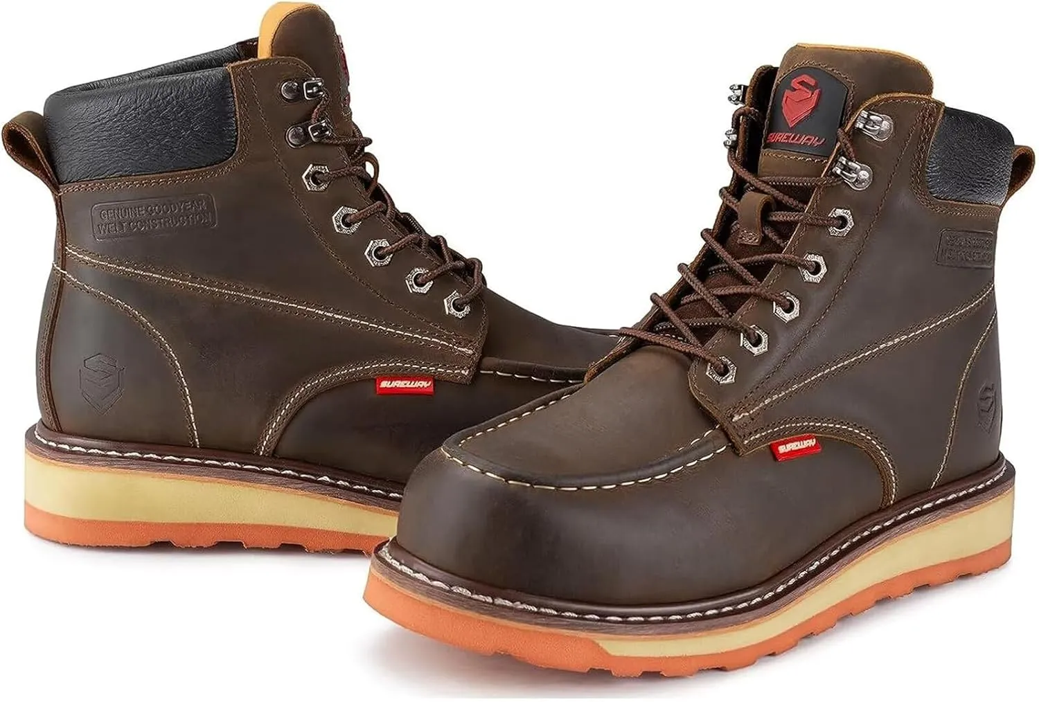 SUREWAY Mens Heavy Duty Soft/Composite/Steel Toe Work Boots for Men-Comfortable,Goodyear Welt,Full Grain Leather,6 in Wedge Moc Toe Construction Boots/Shoes