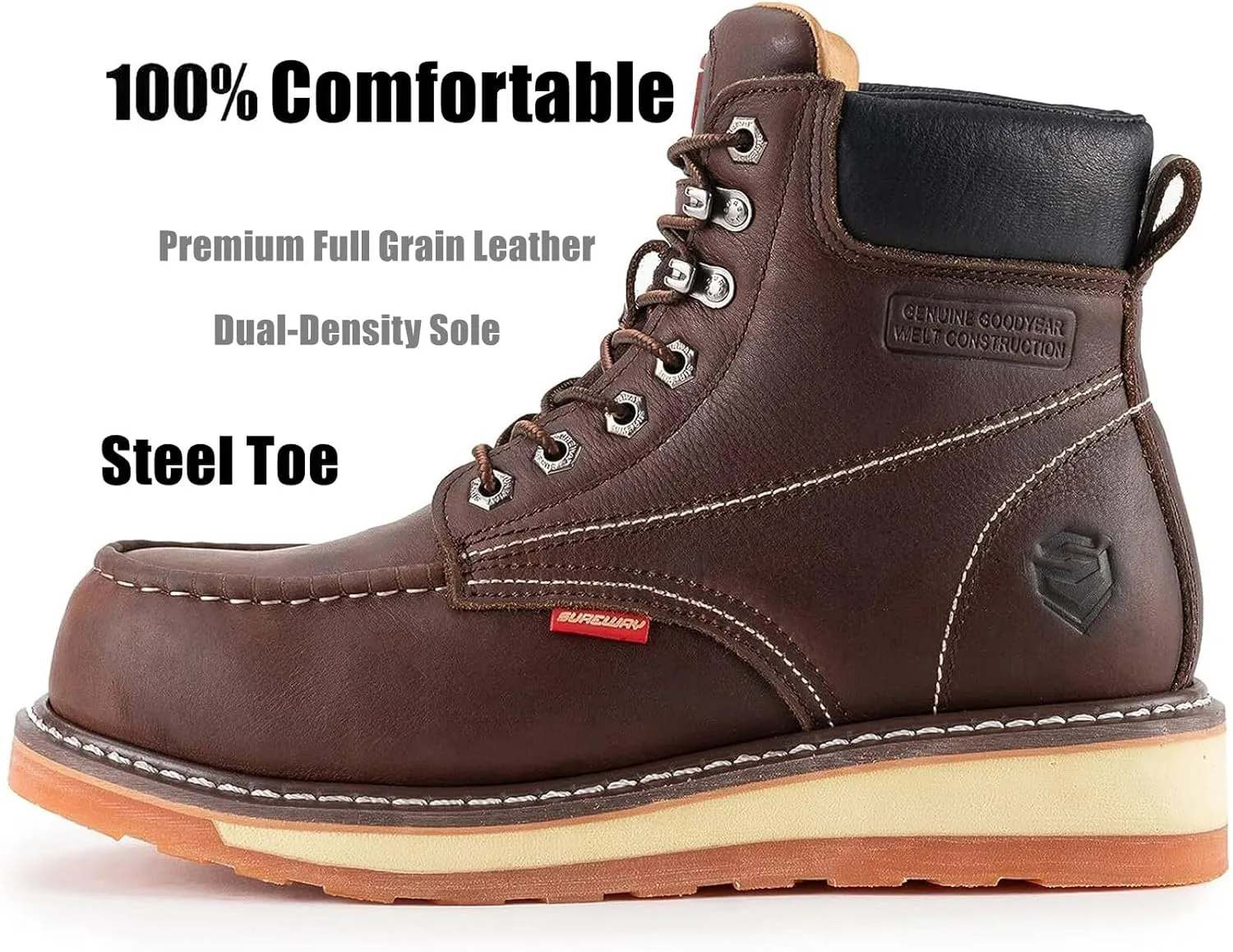 SUREWAY Mens Heavy Duty Soft/Composite/Steel Toe Work Boots for Men-Comfortable,Goodyear Welt,Full Grain Leather,6 in Wedge Moc Toe Construction Boots/Shoes