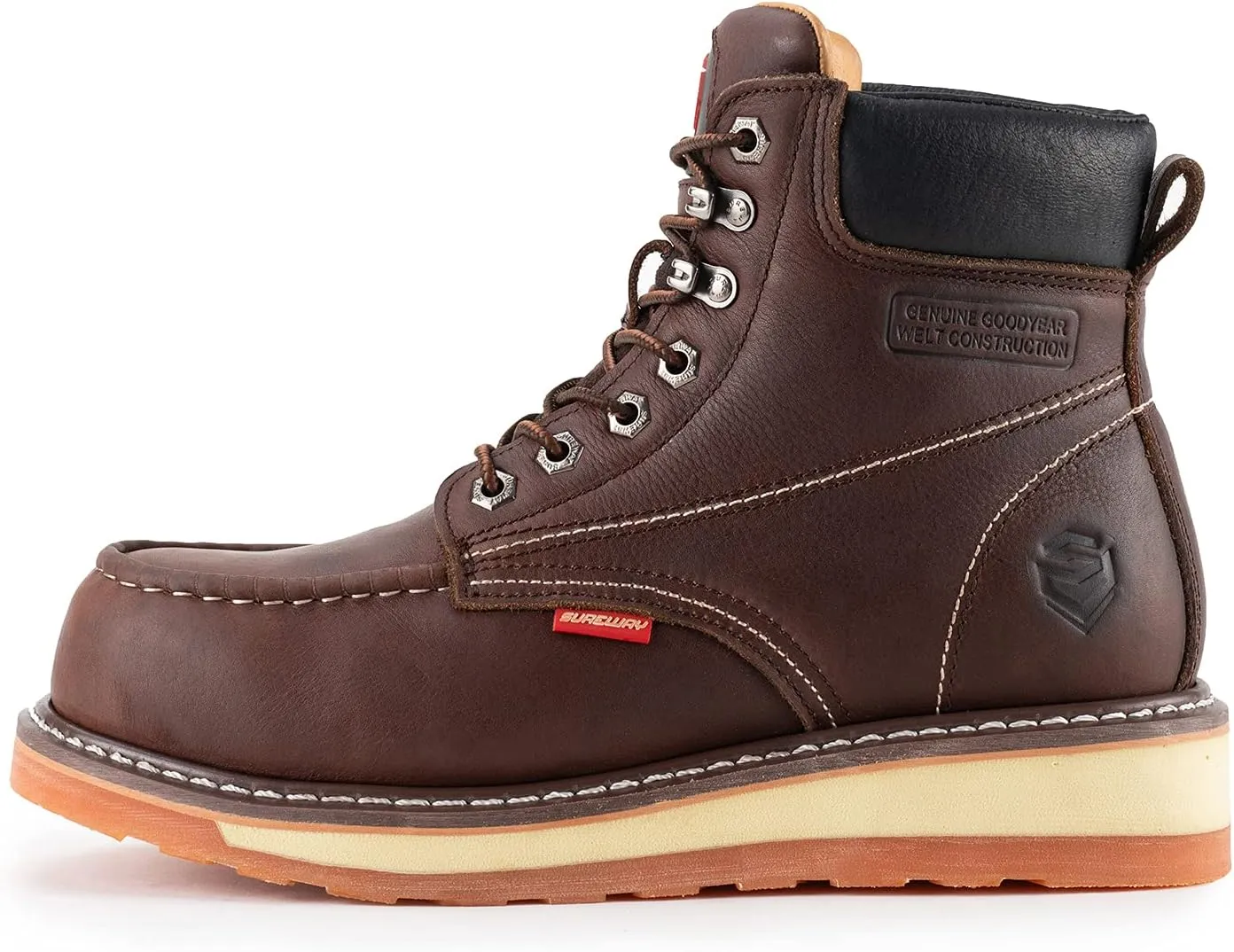 SUREWAY Mens Heavy Duty Soft/Composite/Steel Toe Work Boots for Men-Comfortable,Goodyear Welt,Full Grain Leather,6 in Wedge Moc Toe Construction Boots/Shoes