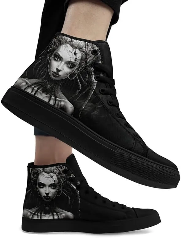 Unisex Fashion Skull High Top Sneakers Classic Lace-Up Canvas Shoes,Casual Cool Hip Hop Tennis Walking Shoes for Men Women
