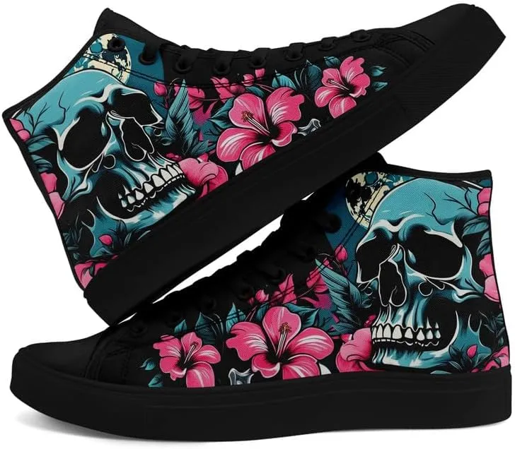 Unisex Fashion Skull High Top Sneakers Classic Lace-Up Canvas Shoes,Casual Cool Hip Hop Tennis Walking Shoes for Men Women