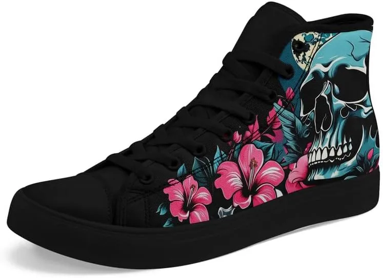 Unisex Fashion Skull High Top Sneakers Classic Lace-Up Canvas Shoes,Casual Cool Hip Hop Tennis Walking Shoes for Men Women