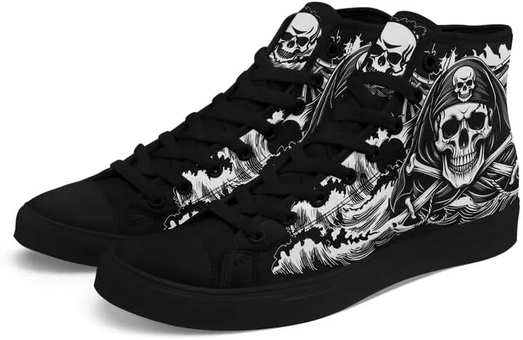 Unisex Fashion Skull High Top Sneakers Classic Lace-Up Canvas Shoes,Casual Cool Hip Hop Tennis Walking Shoes for Men Women