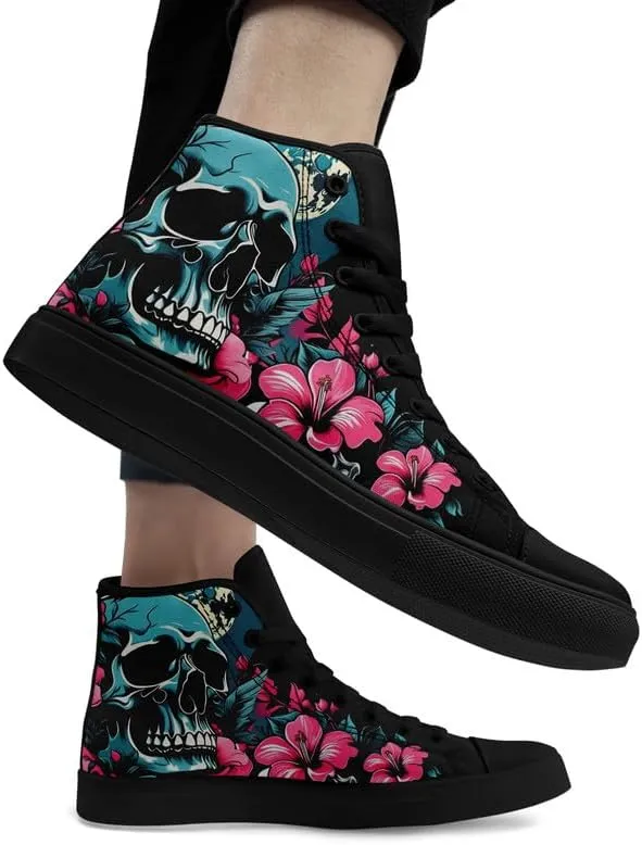 Unisex Fashion Skull High Top Sneakers Classic Lace-Up Canvas Shoes,Casual Cool Hip Hop Tennis Walking Shoes for Men Women