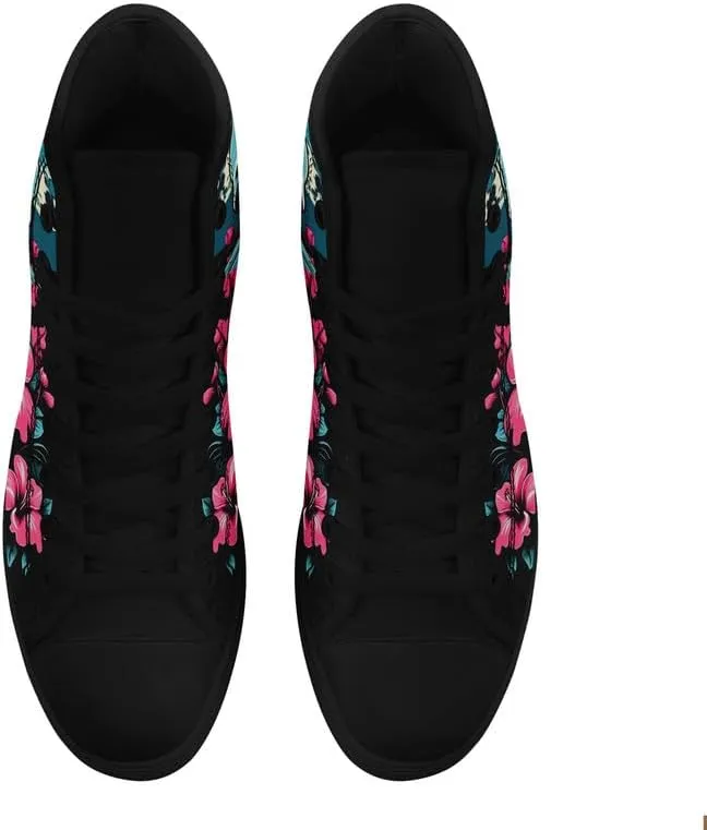 Unisex Fashion Skull High Top Sneakers Classic Lace-Up Canvas Shoes,Casual Cool Hip Hop Tennis Walking Shoes for Men Women