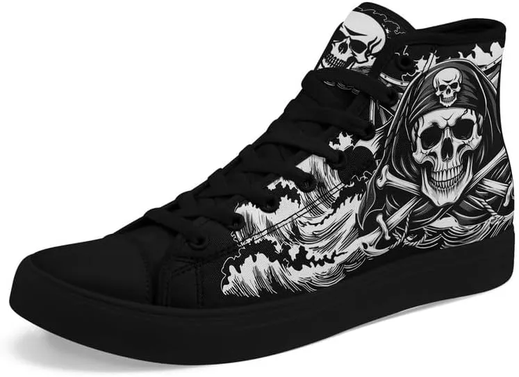 Unisex Fashion Skull High Top Sneakers Classic Lace-Up Canvas Shoes,Casual Cool Hip Hop Tennis Walking Shoes for Men Women