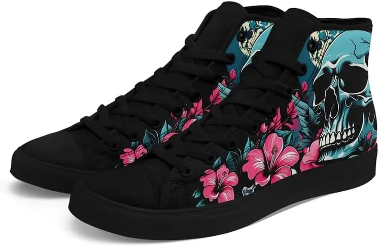 Unisex Fashion Skull High Top Sneakers Classic Lace-Up Canvas Shoes,Casual Cool Hip Hop Tennis Walking Shoes for Men Women