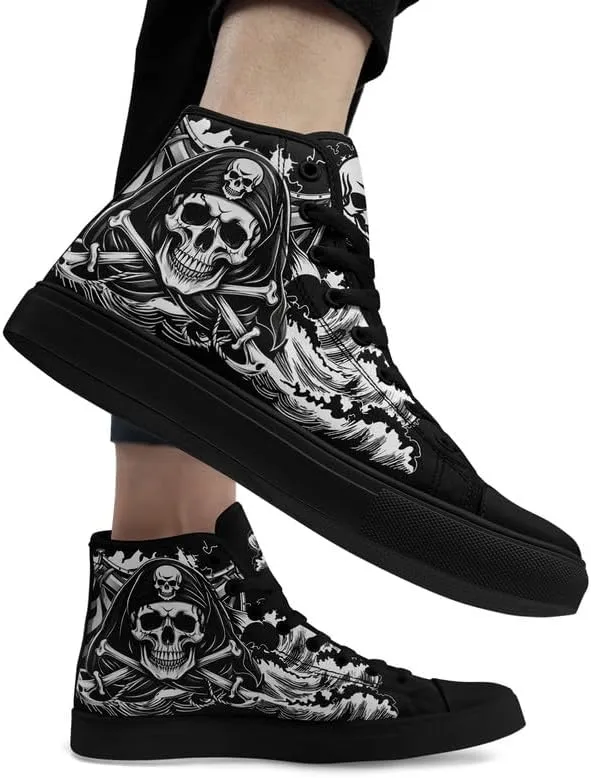 Unisex Fashion Skull High Top Sneakers Classic Lace-Up Canvas Shoes,Casual Cool Hip Hop Tennis Walking Shoes for Men Women