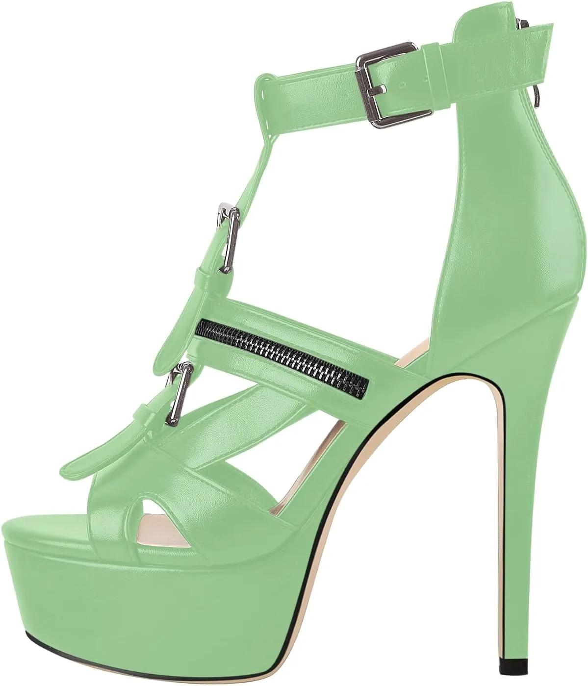 VERISSON Women's Buckle Strap Peep Toe Stiletto Platform Sandals with Grommets Band back Zippers High Heels Nubuck Summer Sandals for Evening Party
