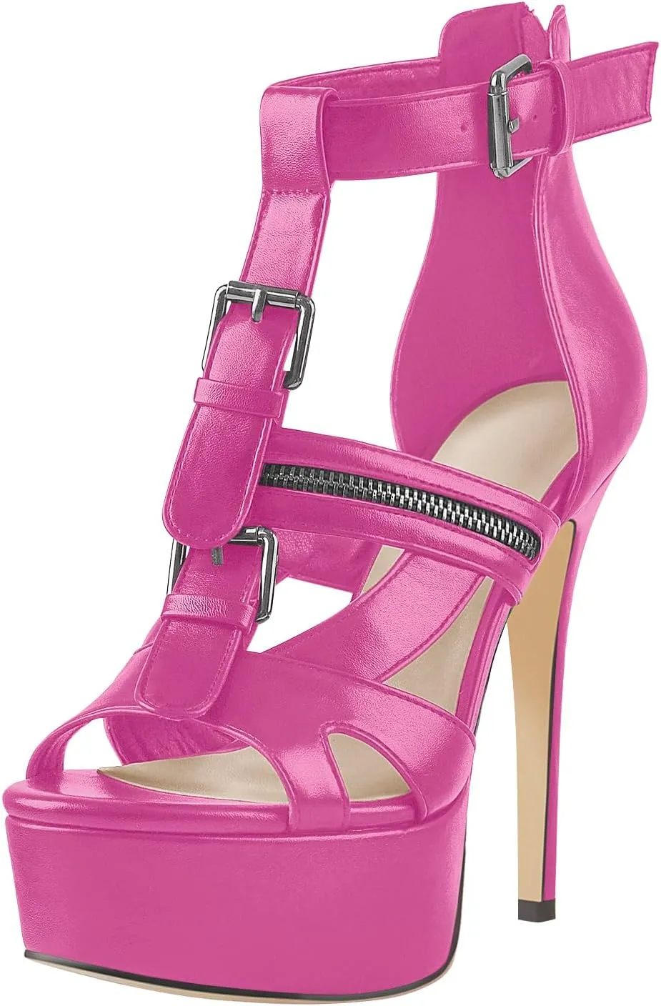 VERISSON Women's Buckle Strap Peep Toe Stiletto Platform Sandals with Grommets Band back Zippers High Heels Nubuck Summer Sandals for Evening Party