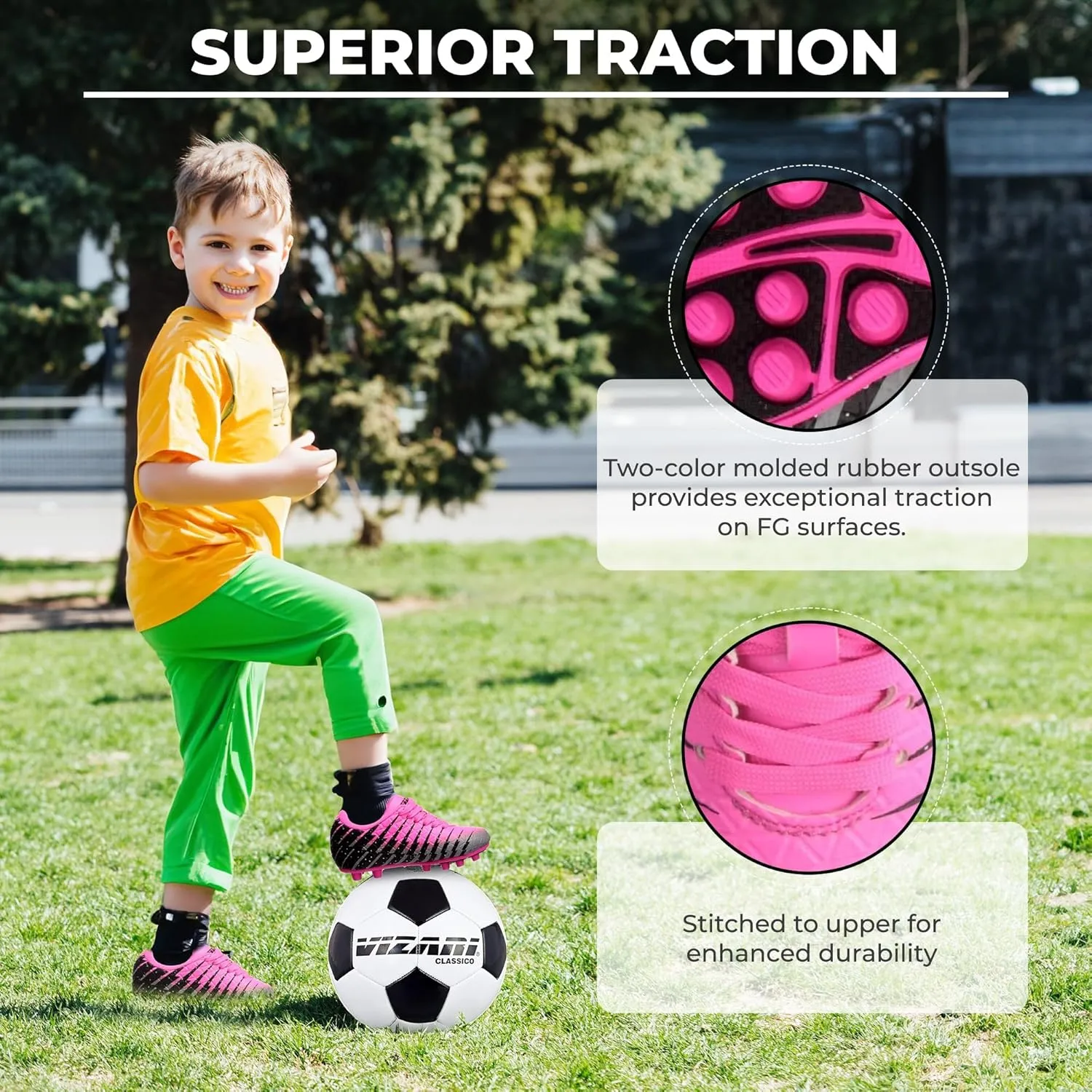 Vizari Bolt Firm Ground Youth Soccer Cleats for Boys and Girls | Textured Synthetic Leather Upper Kids Football Cleats with Polyurethane Sole for Comfort and Traction